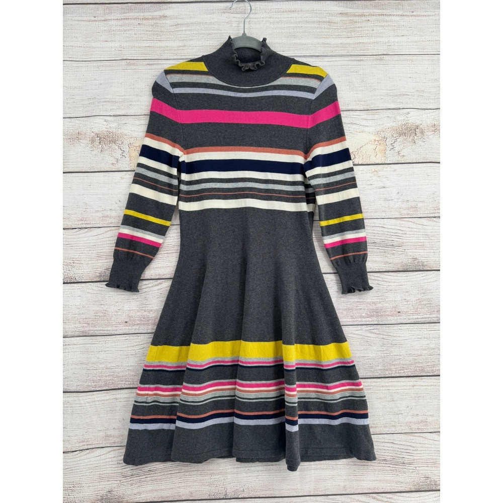 Maeve Sweater Dress Women Small Gray Striped Ruffle Mock Neck Fit Flare